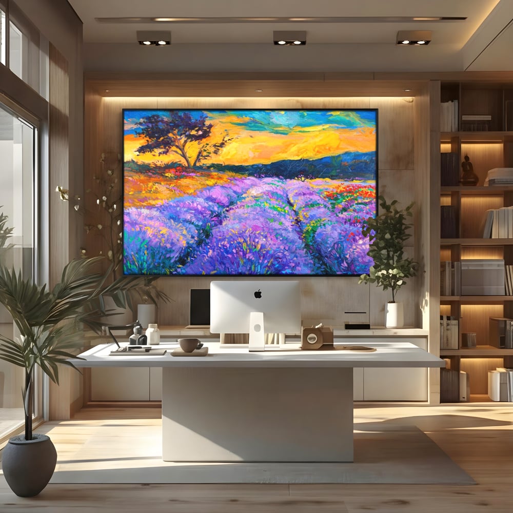 Tablou canvas cu pictura camp de lavanda la apus, in rama de aluminiu negru, pe perete intr-un birou